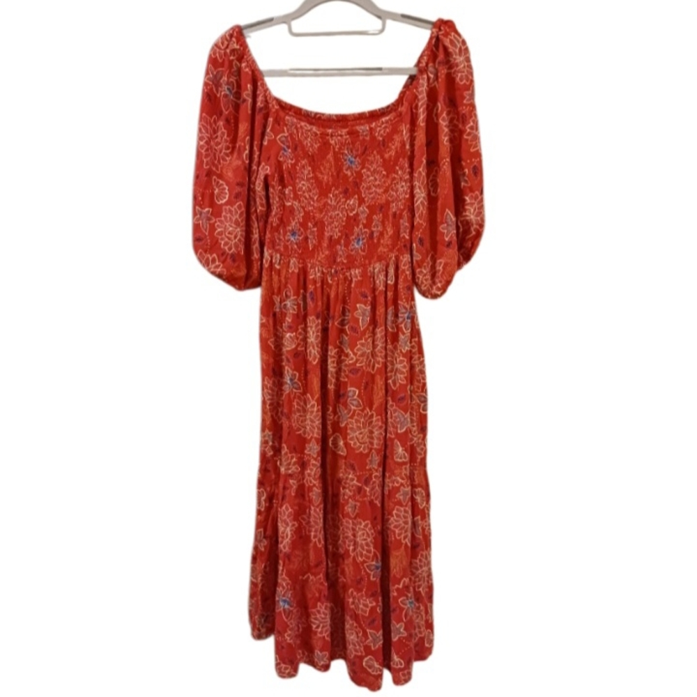 Angie Red Smocked Maxi Dress with Bishop Sleeves